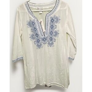 Cute Options Top Women M Boho Shirt 3/4 sleeve embroidery 100% cotton White NWT